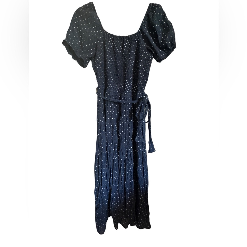 Indigo‎ Rose Navy Blue Polka Dot Midi Dress – Smocked Bodice, Puff Sleeves (M)